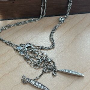 NY clear rhinestone pendant necklace/silver tone/ pearl pea pod shape